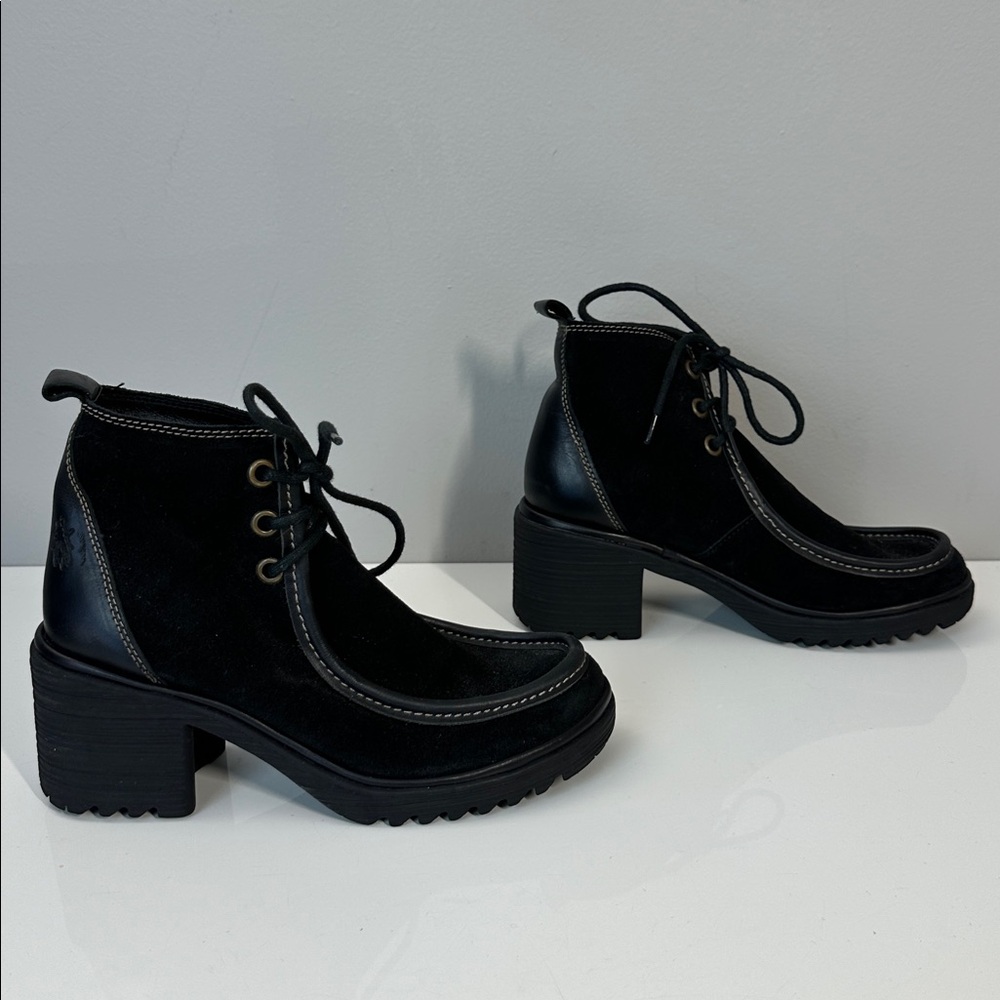 Fly London Wins Black Suede Block Heel Lace Up Ankle Boots Size 37(6.5-7) - Picture 2 of 14